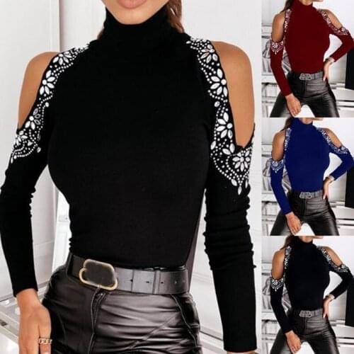 Long Sleeve Tops Slim Shirt Tshirt Women Autumn Lady T-shirt Patchwork T-shirts Female Shoulder Off 2021 Fashion New T Sleeve