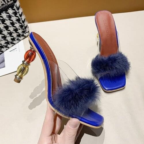 Woman Pumps PVC Transparent Feather Perspex Crystal High Heels Fur Peep Toe Mules Slippers Ladies Slides Shoesn87