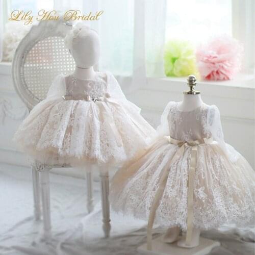 Vintage Champagne Flower Girl Dresses for Weddings Long Sleeve Lace Puffy Baby Dress with Bow Sash
