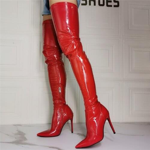 Women Red Zipper Knee High Over knee Boots Ladies Sexy Pointed Toe High Heels Riding Boots Cowgirl Female Fashion Dress Boots