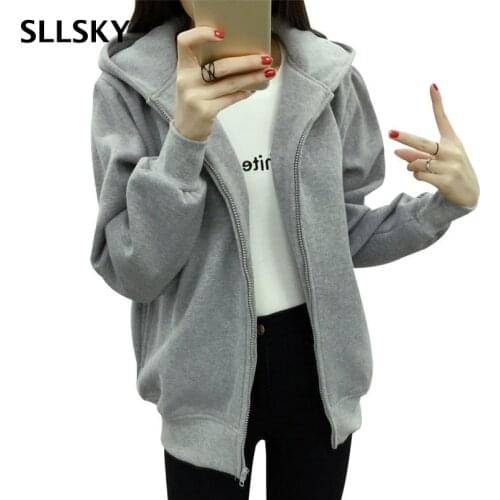 SLLSKY Korean Style zip-up Women Hoodies Vintage Solid Color Long Sleeve Oversized Hooded Sweatshirt Ladies Warm Velvet Hoodies