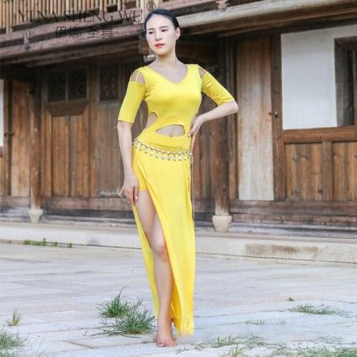 Belly Dance Suit Top Middle Sleeve Dress Split Skirt Performance Practice Clothes Competition Female Adult Elegant Bandage Set