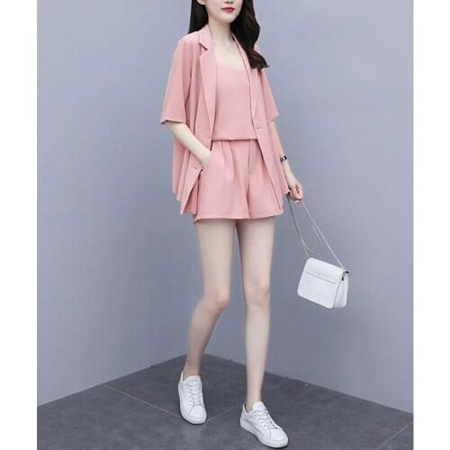 5XLPlus Size Ladies Summer Suit Solid Color Blazer & Suspenders & Wide Leg Shorts 3 Pcs Sets Womens Office Clothing 2020 K281