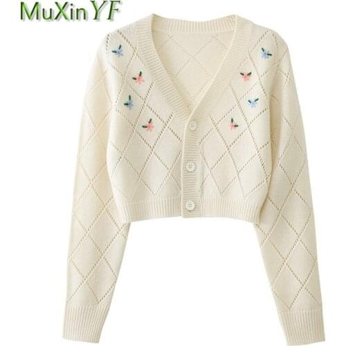 Prairie Chic Sweet Embroidery Floral Short Knit Coats Women 2021 Spring Autumn Thin Sweater Coats Graceful Joker V-Neck Cardigan