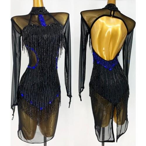 2021 Sexy Latin Dance Dress Women Mesh Long Sleeves Tube Fringe Latin Competition Clothes Samba Cha-Cha Performance Wear BL6588
