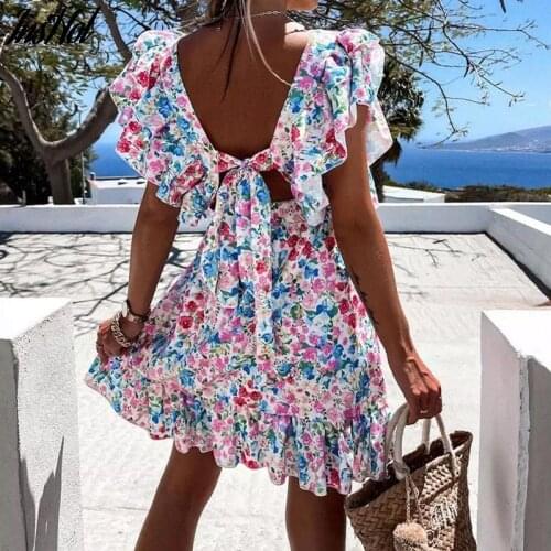Summer Butterfly Sleeve Floral Print Dress 2021 Women Ruffle Square Collar Back Lace-up Sundress Boho A Line Beach Party Dress