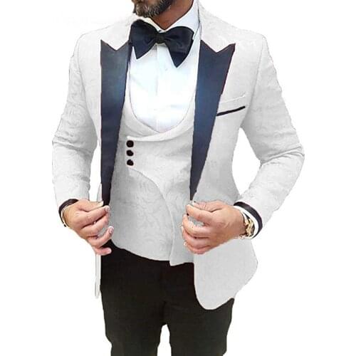 2020 Custom Made Design Formal White Floral Groom Tuxedos Male Suit Wedding Dress For Men Business Party Prom Suit 3 Pieces Set
