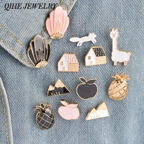 QIHE JEWELRY 1 Set pineapple Apple Alpaca Fox Flowers Houses Metal Cute Enamel Pin Set Fashion Jewelry Accessories