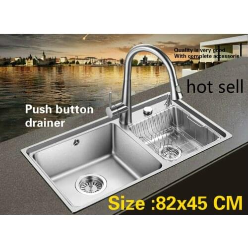 Free shipping Household vogue push button drainer kitchen double groove sink durable 304 stainless steel hot sell 820x450 MM