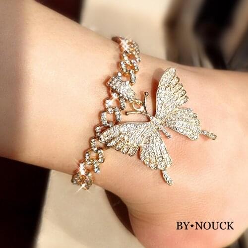 Shiny Golden Crystal Butterfly Mimai Cuban Link Anklets Iced Out Chunky Thick Metal Anklet Bracelet For Women Party Foot Jewelry