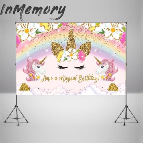 Girls Photography Backdrops Gold Rainbow Unicorn Kids 1st Birthday Photo Studio Background Photophone Banner