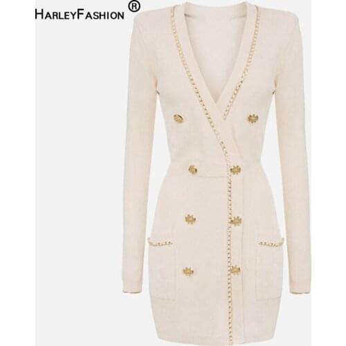 HarleyFashion Fall Collection Luxury Italy Sexy V-neck Long Sleeve Exqusite Chain Patchwork Beige Sheath Knitted Street Dress