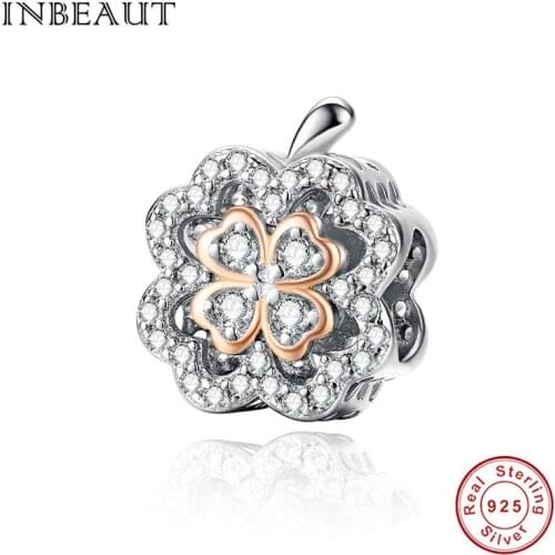 INBEAUT 100% 925 Sterling Silver Original CZ Clover Apple Beads fit Brand Bracelet Rose Gold Zircon Fruit Charms diiy Jewelry