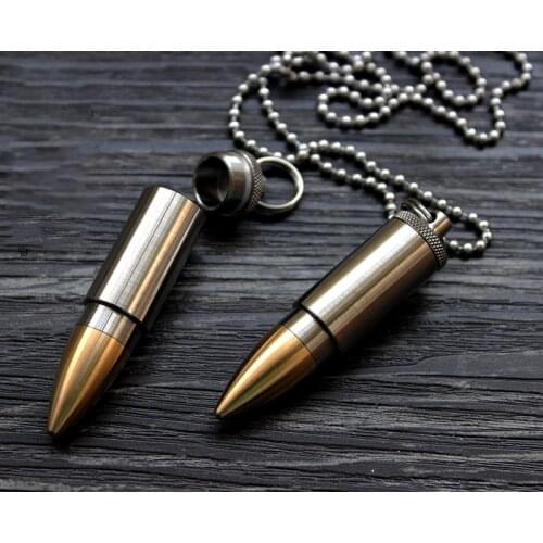 Brass+Titanium Pendant Keychain Waterproof Pill Box With Necklace Chain