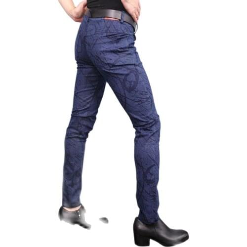 Men New Small Straight CasualPants Convex Fork PU Cowboy Pattern Tight Straight type Trousers Comfortable Micro Elastic Leggings