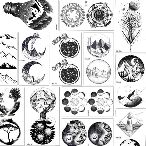 Fashion Black Temporary Tattoos Waterpoof Round Mountain Forest Moon Star Realistic Sheets Sticker For Adult Body Art Arm Tattoo
