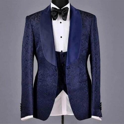 Navy Blue Floral Pattern Men Suits Slim Fit Costume Homme Wedding Groom 3 Pcs Terno Masculino Prom Blazers Jacket+Pant+Vest