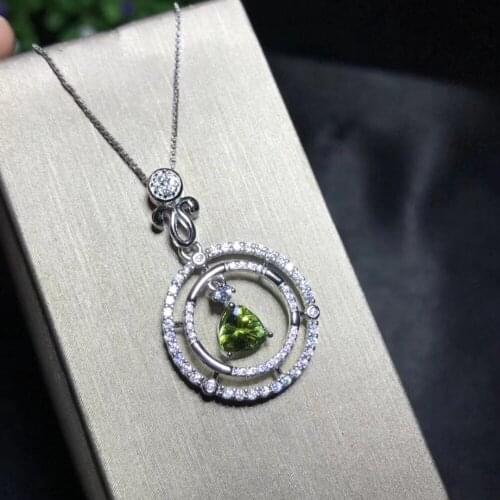 Popular Double round Triangle natural green peridot Pendant natural olivine pendant necklace S925 silver girl party gift jewelry