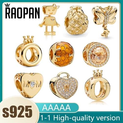 RAOPAN new original golden cat eye love cartoon robot charm beads 925 sterling silver zircon dly jewelry making