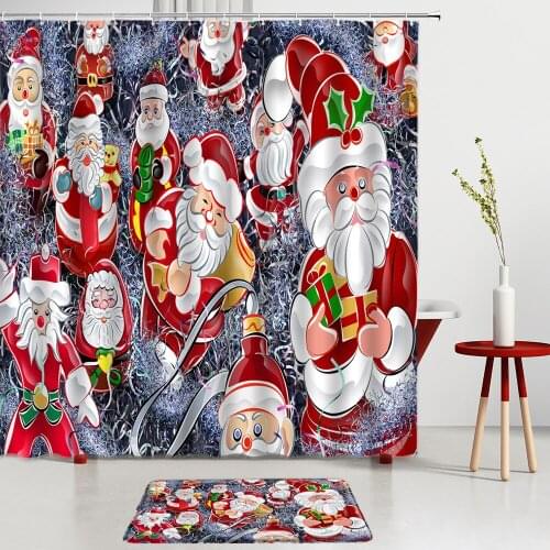 Christmas Shower Curtains Bathroom Set Santa Claus Festival Entrance Door Mat Bath Mats Room Decoration Screen Non-Slip Carpet