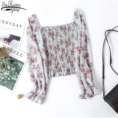 Print Floral Raglan Short Blouses Boho Pullover Tops Women Blouse 2021 Spring Female Long Sleeve Casual Chiffon Shirt 11186