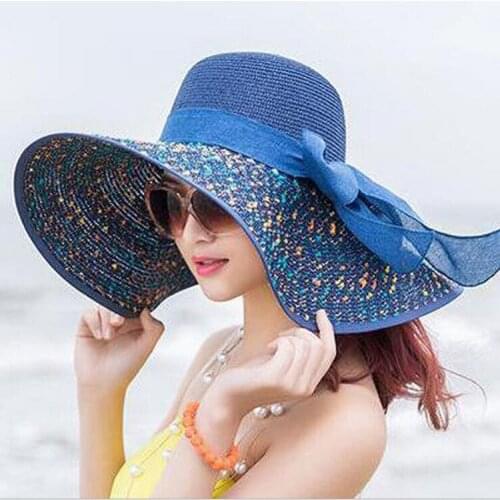 Women Straw Hat Bowknot Ribbon Sun Hats Wide Brim Casual Female Summer Foldable Shade Beach Hat