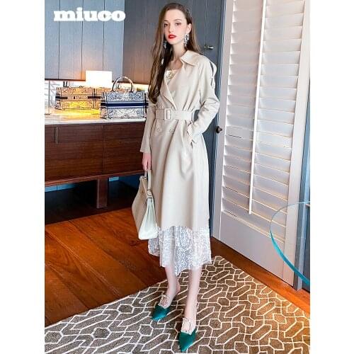 Big Lapel double row button medium length windbreaker+Two piece lace skirt with drawstring waist Spring new High Top Quality