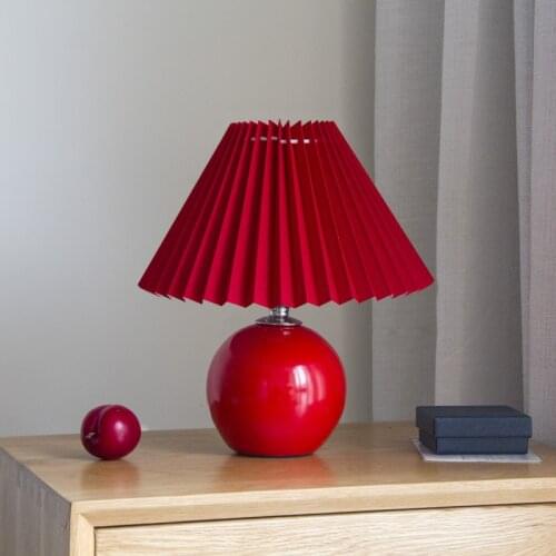 Vintage Red Ceramic Table Lamps for Living Room DIY Korean Pleated Desk Lamp Wedding Home Decor Stand Light Bedroom Beside Lamp