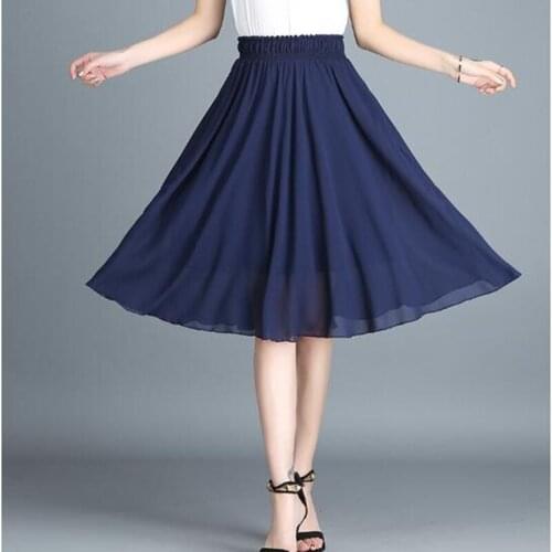 5XL 6XL plus size Woman Summer Elastic Waist Beach Skirts Plus Size Flared chiffion skirt Women Midi Skirt black white blue