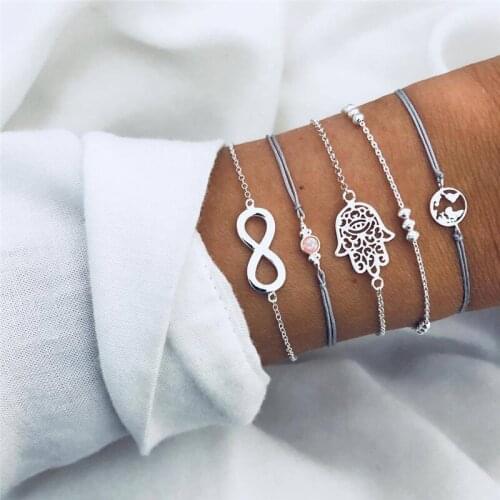 Modyle Bohemian Palm Map Charm Bracelets Bangles For Women Fashion Grey Rope Chain Beads Strand Bracelets Sets Jewelry Gifts