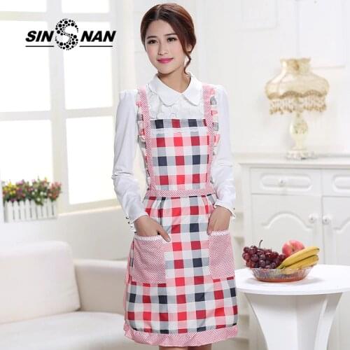 SINSNAN Peach Skin Double Fabric Women Lace Kitchen Apron For Baking Accessories Chef Waiter Cook Apron With Pockets Pinafore