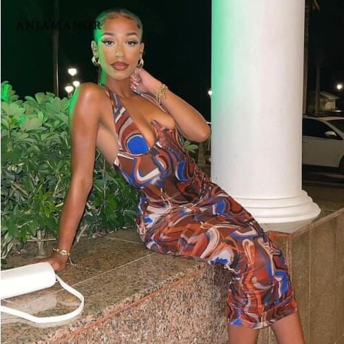 ANJAMANOR Fashion Printed Backless Halter Bodycon Dresses for Women Party Night Club Outfits Sexy Ruched Long Dress D70-CD21