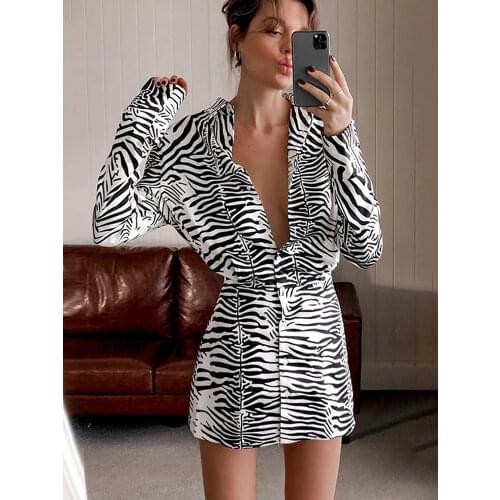 Tossy Zebra Print Shirt Dress Sexy V-Neck Party Vestidos Women 2021 New Long Sleeve Dresses Casual High Street Dress Outwear