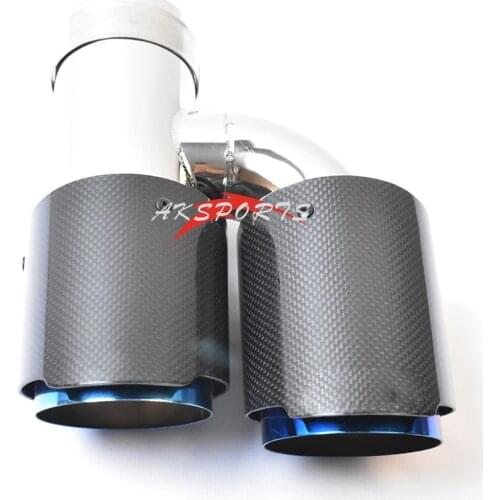 1PC H Style Glossy Carbon Stainless Steel Universal Dual Left Side Exhaust Pipe blue End Muffle tip For BMW E90 With A Logo
