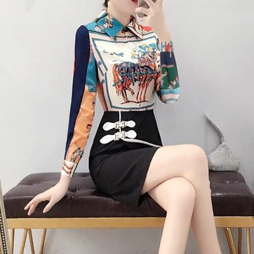 2021 Summer Korean Dress Long Sleeve Dresses Women Elegant Vintage Printed Patchwork Party Dress Buttons Vestidos Dress Office