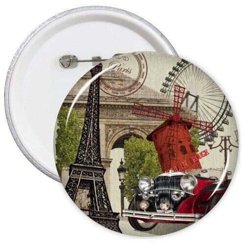 5pcs Old Car France Mark Landmark National Flag Architecture Custom Landscape Illustration Pattern Round Pin Badge Button