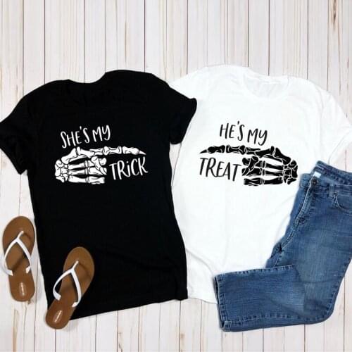 She Is My Trick He Is My Treat T-shirt Funny Unisex Matching Couples Halloween Tshirt Autumn Women Graphic Skull Hand Tees Tops