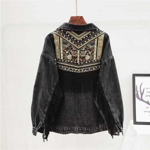 Women Denim Jacket New Spring Autumn Vintage Floral Embroidery Suede Fringe Loose Coat Long Sleeve Outerwear Female Jeans Jacket