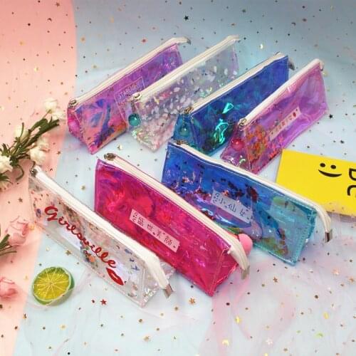 Laser Transparent Quicksand PVC Pencil Case Storage Stationery Box Girl Large Size Cosmetic Bag Office And School Supplies