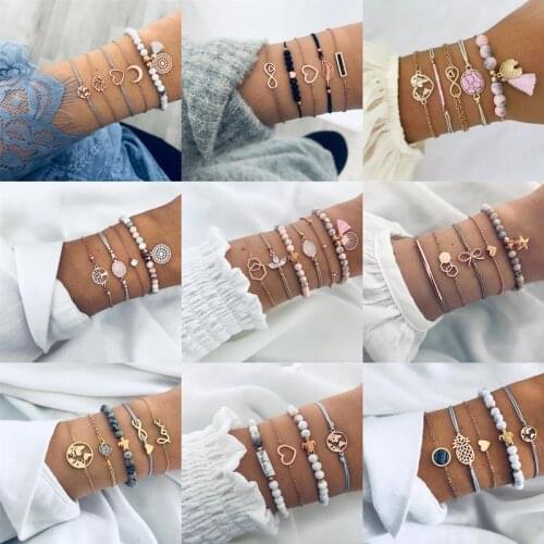LETAPI 30 Style Female Boho Map Heart Beads Moon Arrow Turtle Tassel Chain Bracelet Set for Woman Bohemian Bracelets Bangles