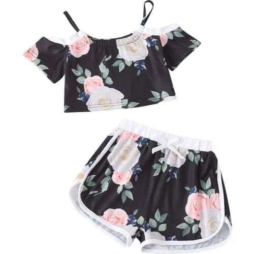 Citgeett Summer Kids Toddler Girls 2Pcs Clothes Floral Print Off Shoulder Strap Tops + Shorts Clothing Set