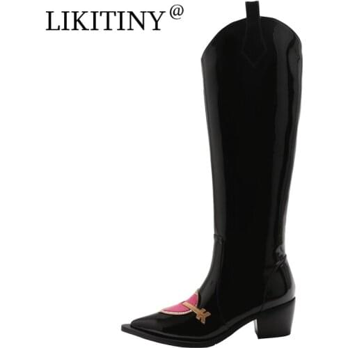 LIKITINY 2021 Autumn Fashion Chunky Heels Pointed toe Slip on Womens shoes Genuine leather Mature heart Knee high boots 40