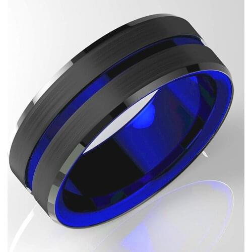 Fashion 8mm Men Blue Tungsten Carbide Ring Black Brushed With Blue Groove Beveled Edge Wedding Band Ring Party Anniversary Gifts