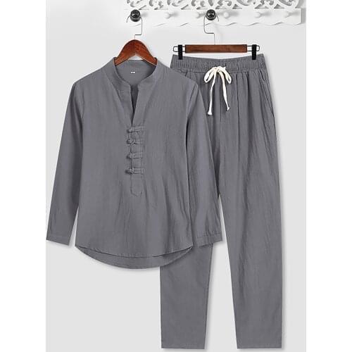 Short Sleeve Mens Clothes Cotton Linen Tops T-shirts Loose Long Pants Two-piece Suit Retro Two Piece Sport Pants