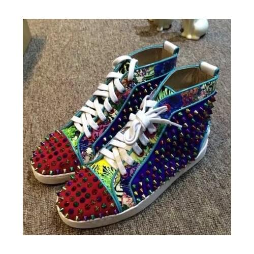 2019 Top Quality Multicolor Spike Shoes Male Floral Printing Lace Up Sneaker Mixed color Rivet Sapatos High Top Men Casual Shoes