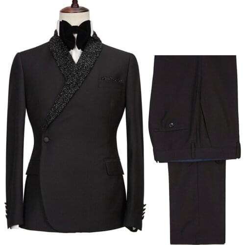 2 Piece Royal Men Suits Sequins Lapel Formal Wedding Tuxedo One Button Pant Suits Male Fashion Costume