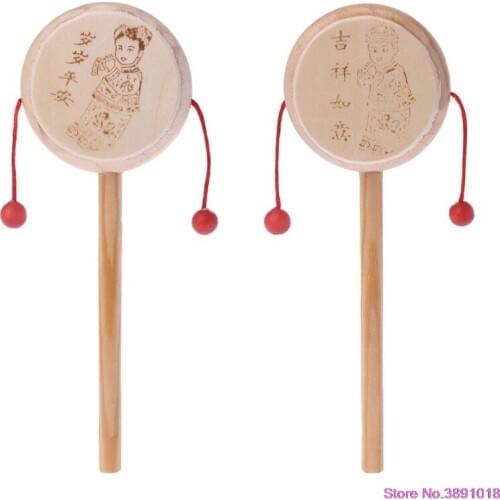 New Wood Cartoon Chinese Traditional Spinning Rattle Drum Hand Bell Baby Musical Toy