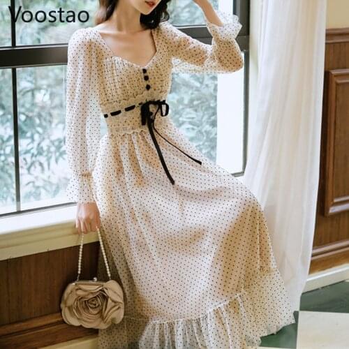 French Vintage Sweet Dress Women Chic Wave Point Print Bandage Lace Slim Party Dresses Ladies Elegant Long Sleeve Chiffon Dress