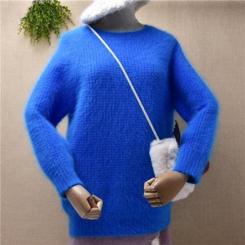 Heavy thick three quarter sleeves ladies women hairy angora rabbit fur knitted slim blouses pullover winter jumper sweater pull