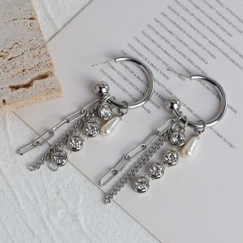 Lifefontier Trendy Pearl Crystal Chain Drop Earrings for Women Punk Silver Color Metal Circle Round Long Tassel Earrings Jewelry